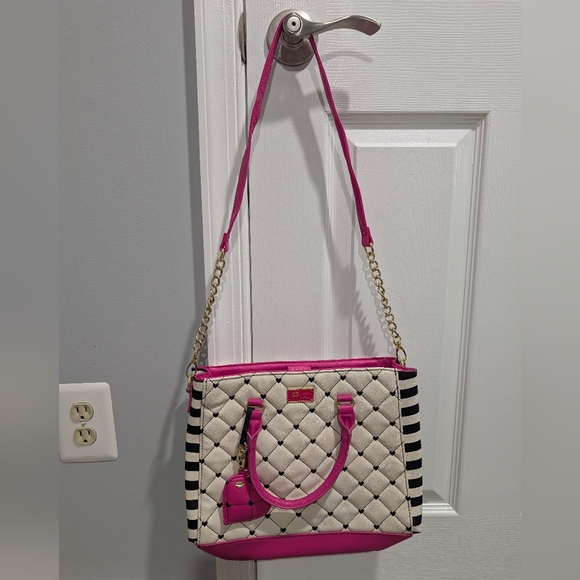 Luv Betsey by Betsey Johnson Pink and Cream Quilted Satchel Bag w/Heart Details - Picture 1 of 13